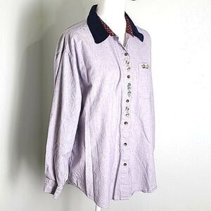 Holiday Shirt, Blue Pinstripe, Navy Collar, Red & Green Holly Accents, Size XL